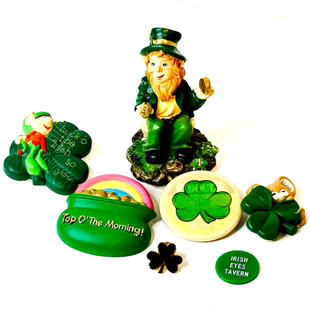 Vintage St. Patrick’s Day Shamrock Lucky pin brooch lot with Leprechaun figurine
